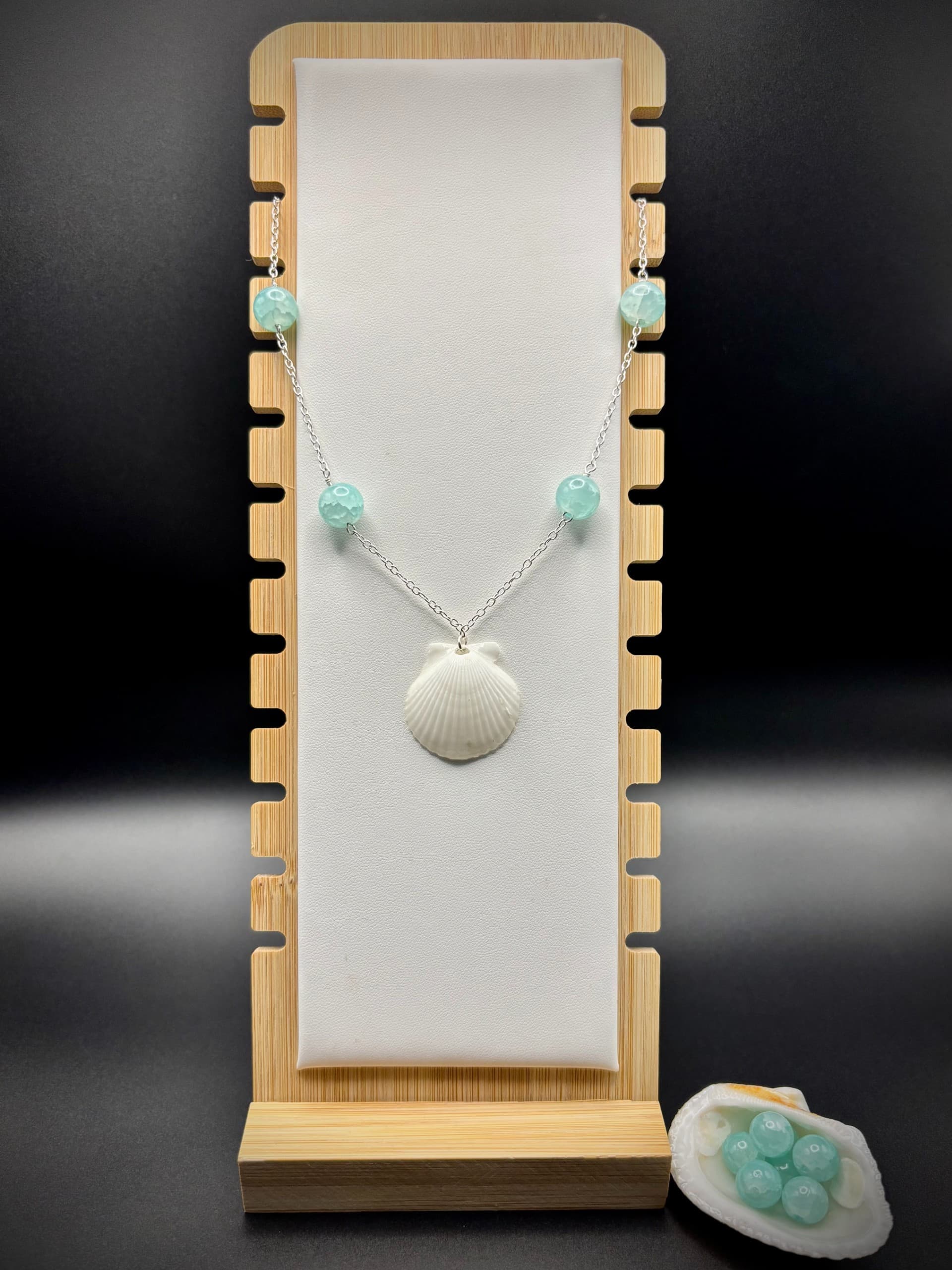 White Scallop Shell Pendant with Sea Glass Green/Turquoise Beading